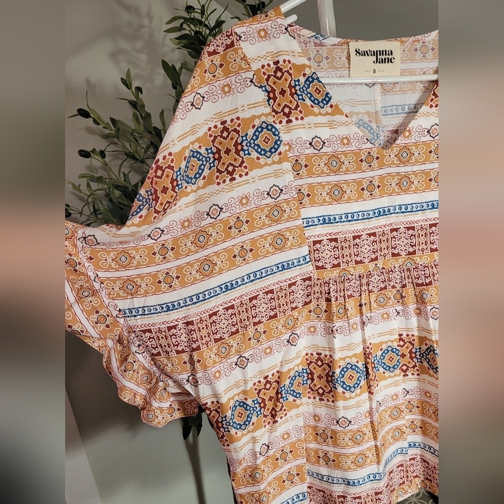 Savannah Jane Boho Southwestern Tunic Top Flutter Sleeves Sz Small - Picture 2 of 5